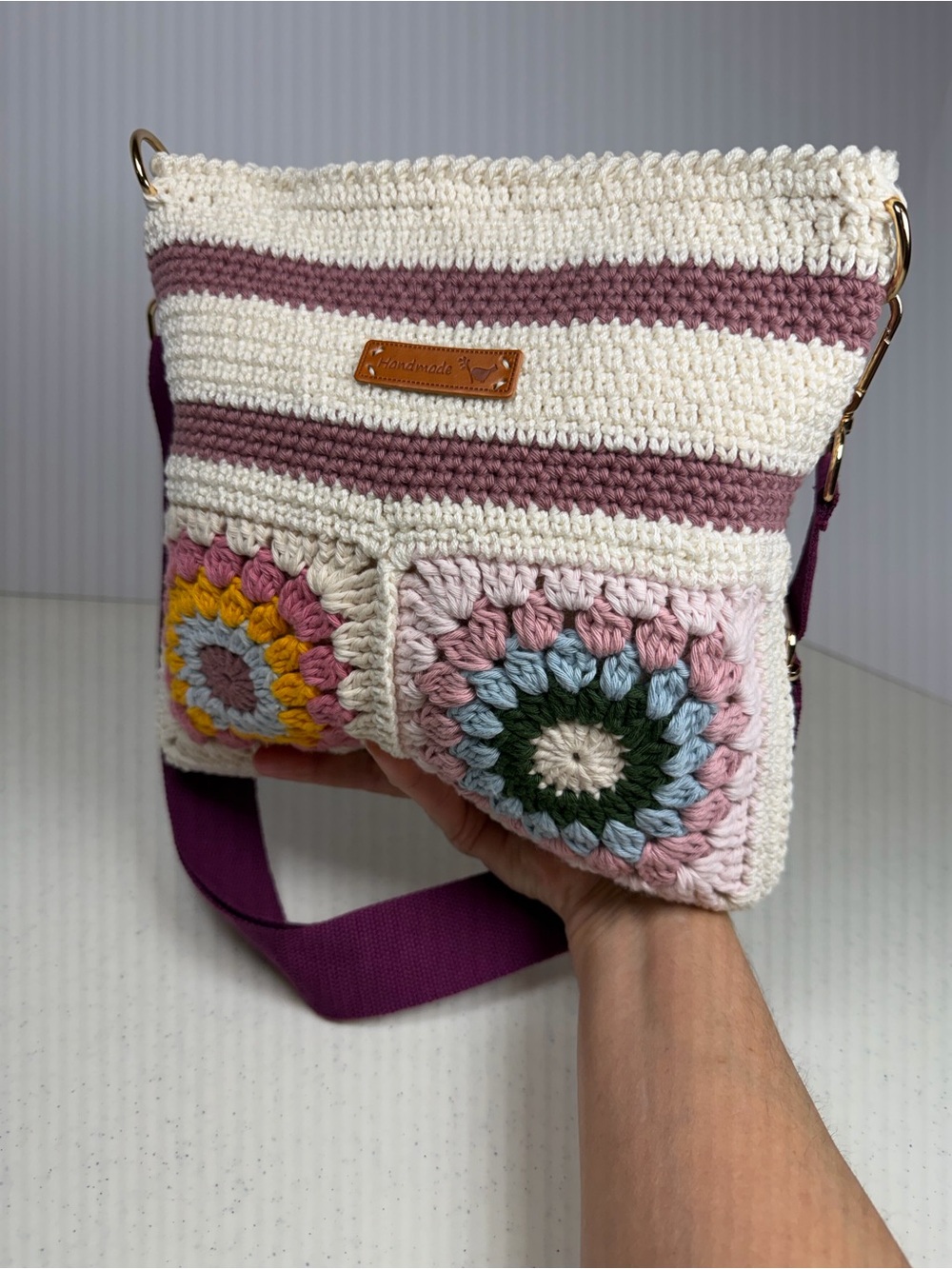 Crochet Granny Square Crossbody Bag Adjustable Strap, Zippered Lined Purse